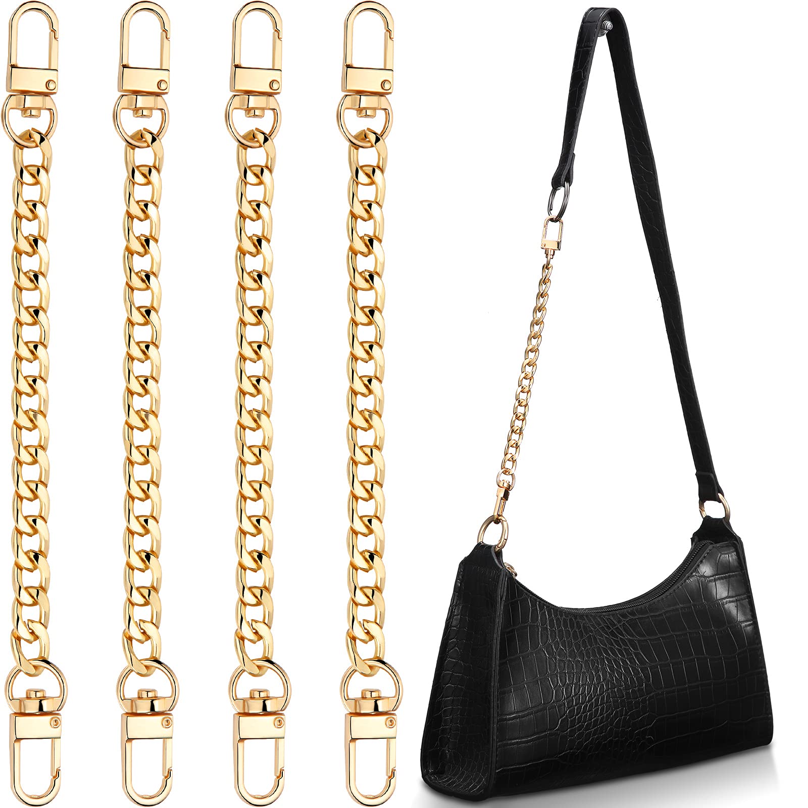 WILLBOND 4 Pieces Purse Chain Strap Purse Strap Extender DIY Flat Chain Strap Handle Bag Accessories Charms Decoration for Purse Handbags Shoulder Bag (Gold, 7.9 Inch)