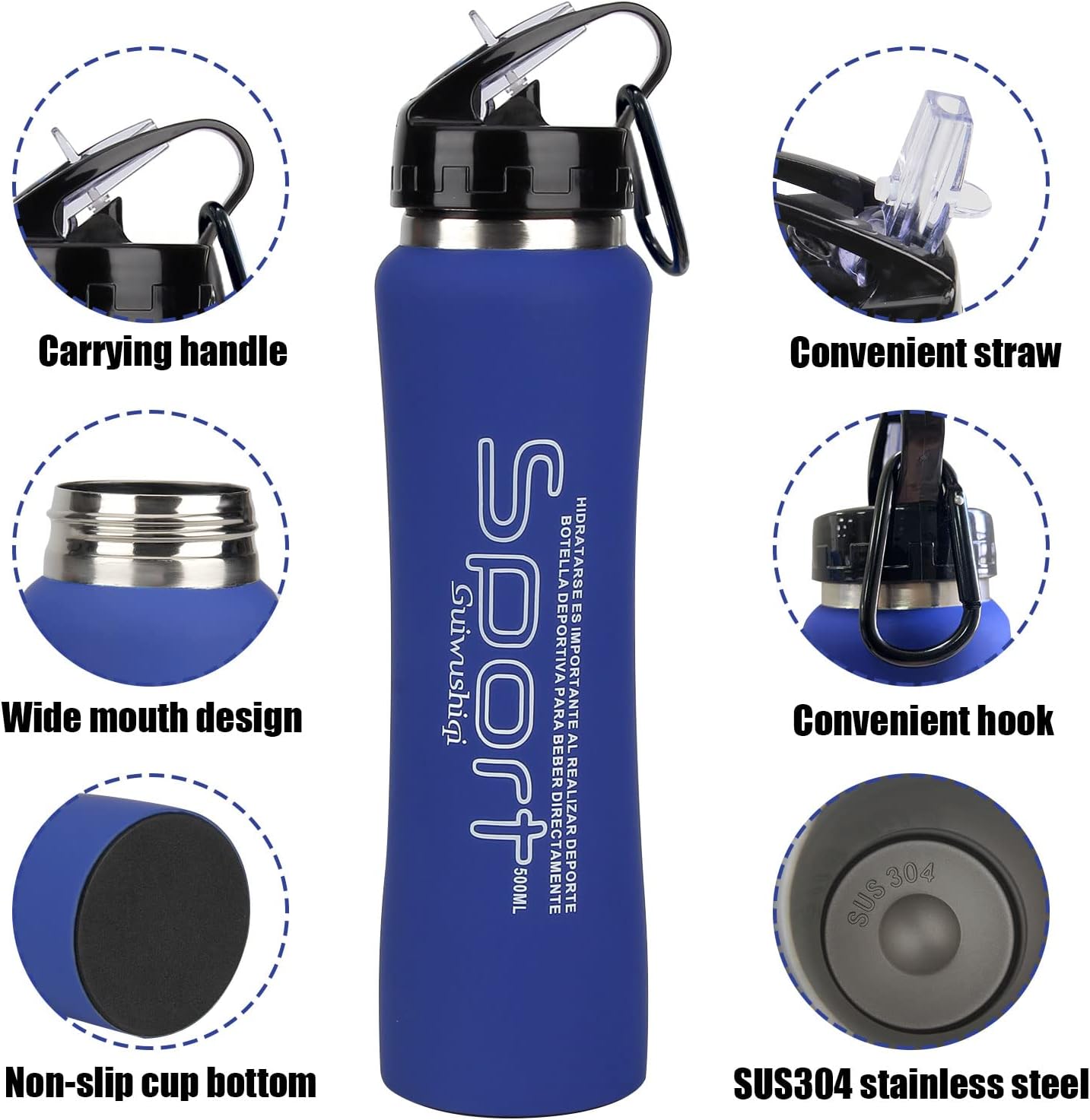 Guiwushiqi Mouth Straw -Stainless Steel Reusable Sports Water Bottle WIth lids - Vacuum Insulated