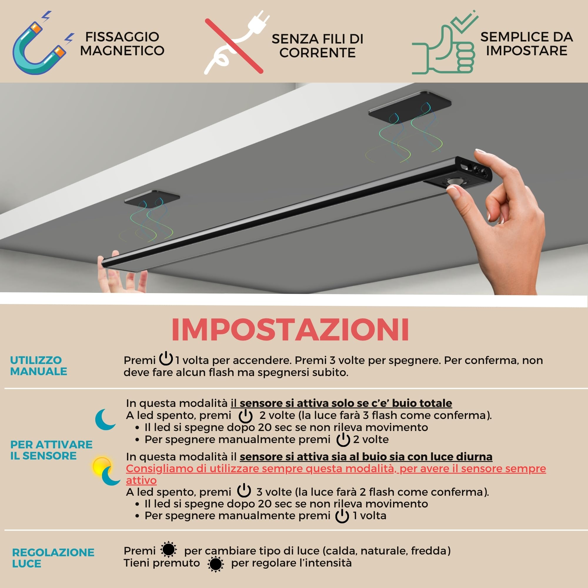Luce Armadio LED con Sensore Ricaricabile, Barra LED Magnetica a 3 Tonalità, Intensità Regolabile Dimmerabile per Illuminazione per Interni, Ricarica USB, Lunghezza 40cm (Nero, 2 Pezzi)