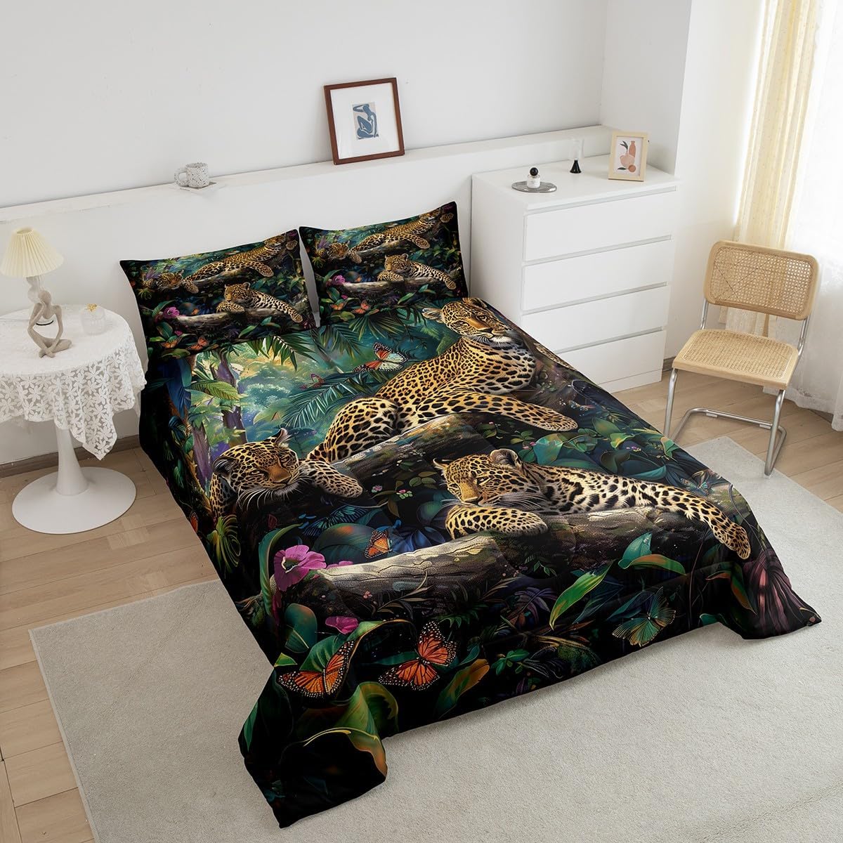 Castle Fairy Africa Leopard Comforter Set King Size for Kids Tropical Jungle Plant Bedding Sets All Season Natrual Fierce Animal Quilt Set Bedroom Decor Cute Butterfly Down Comforter,3Pcs - Image 3
