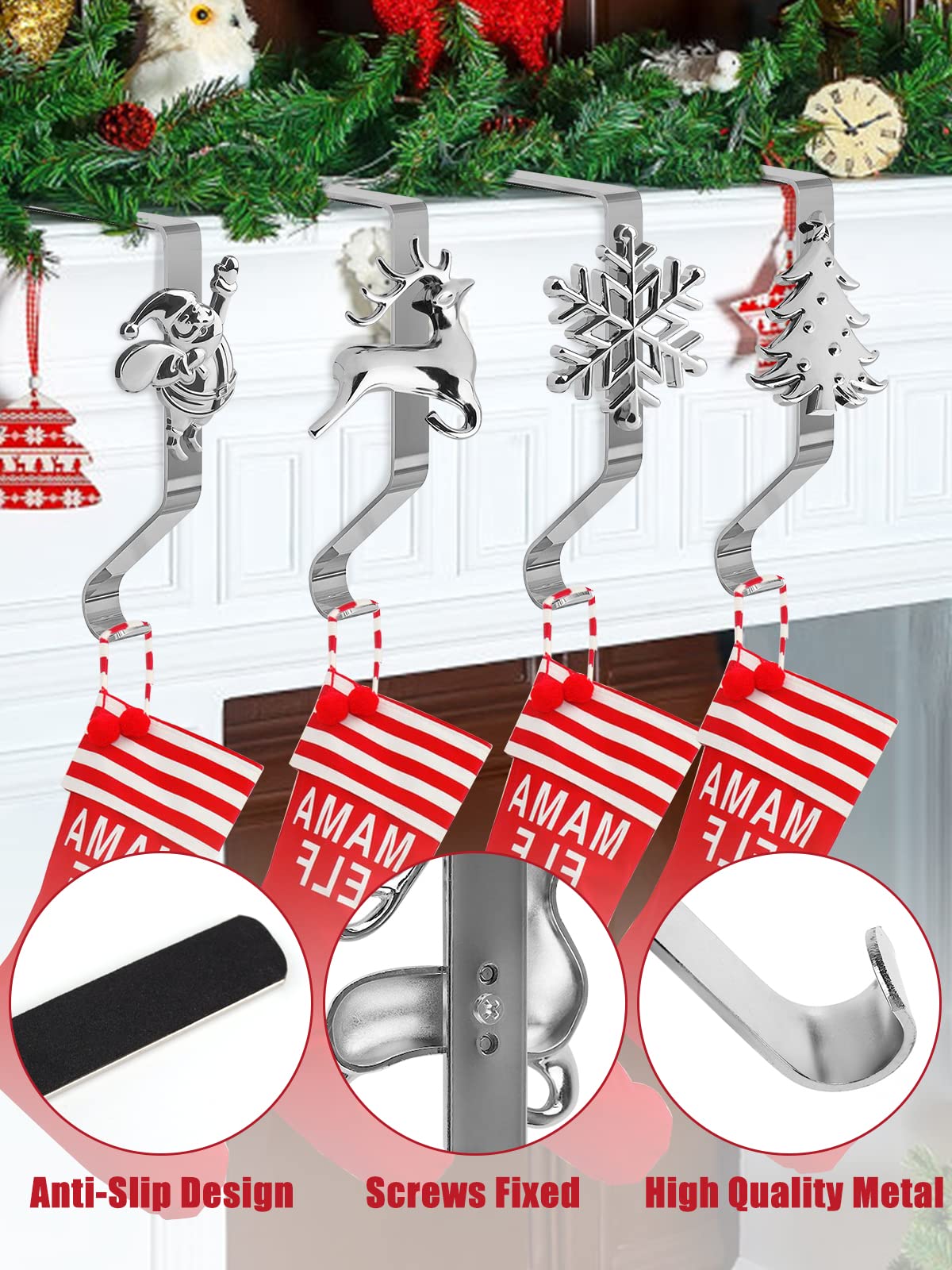 4PCS Christmas Stocking Hangers for Fireplace Kalolary 4 Styles Christmas Stocking Holders for Mantle Non-Slip Sturdy Mantel Stocking Hooks for Christmas Holiday Home Decoration (Silver) - Image 4