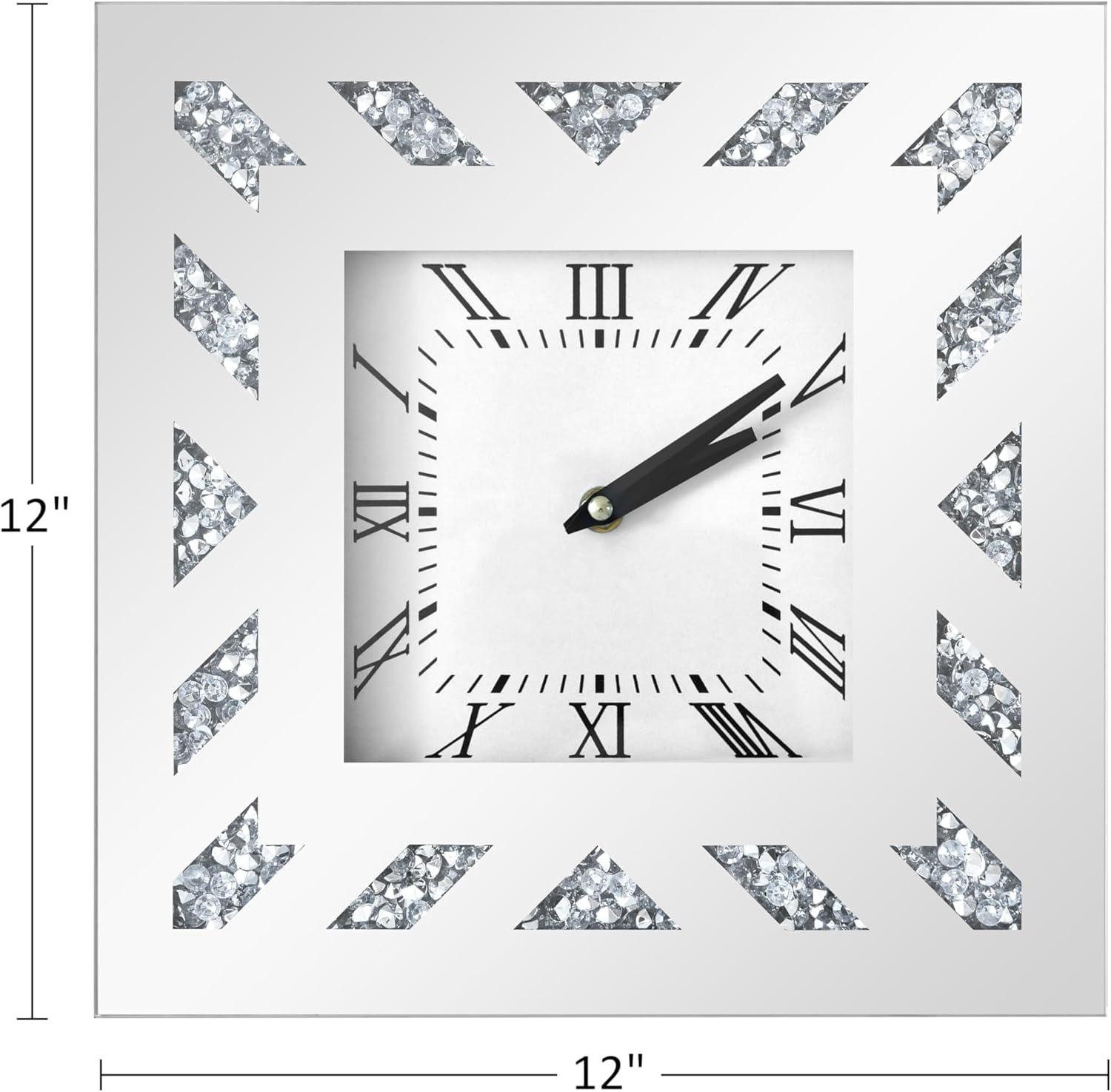 Diamond Mirrored Clock- 12" Silver Wall Clock Modern Clocks Wall Decor for Office, Home, Kitchen, Bedroom, School and Living Room