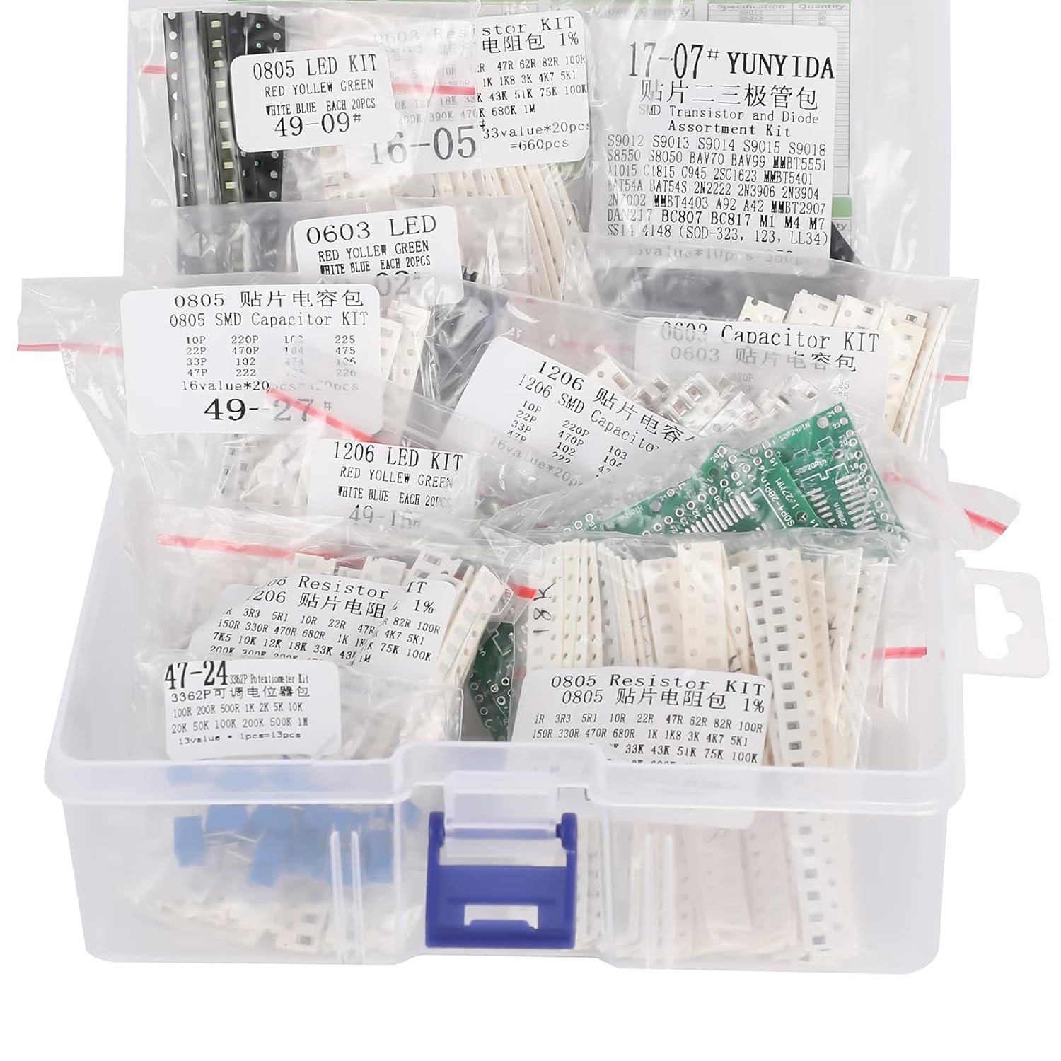 Harrisen 3638 pièces SMD DIY Composants électroniques Assortiment 1206, 0805, 0603, résistances, condensateurs, LED, PCB, diodes, transistors, potentiomètres