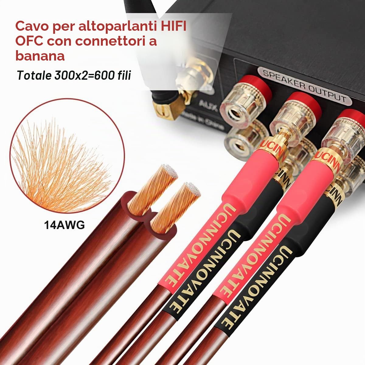 Confezione da 2 cavi di alta qualità in puro rame HIFI OFC con spina a banana, connettori placcati oro, maschio a maschio, 600 fili, 15 AWG, per altoparlanti audio, sistema HIFI Home Theater (3 m)
