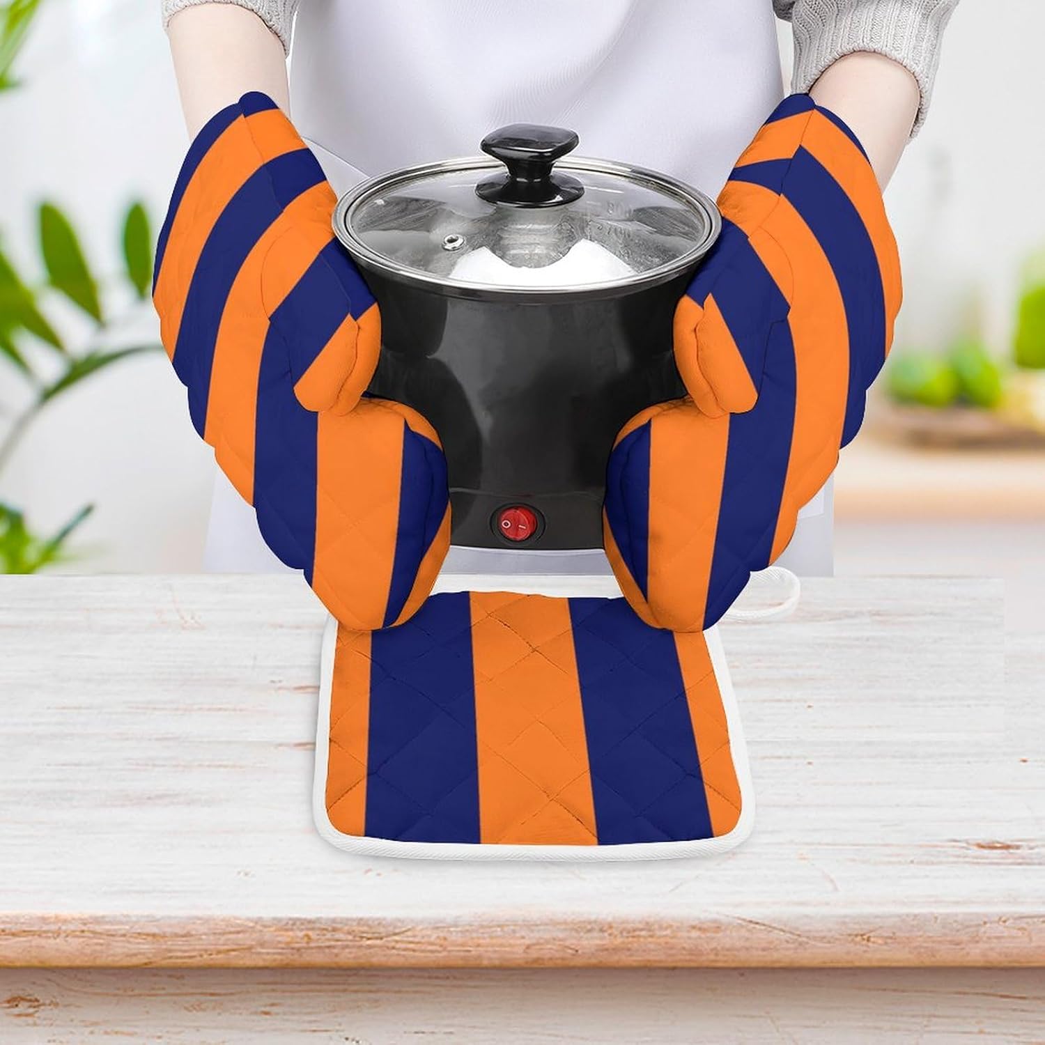 3PCS Oven Mitts and Pot Holders Sets, Orange Navy Blue Bold Stripe Oven Mitts Set Heat Resistant Kitchen Microwave Gloves Safe for Baking,Cooking, BBQ