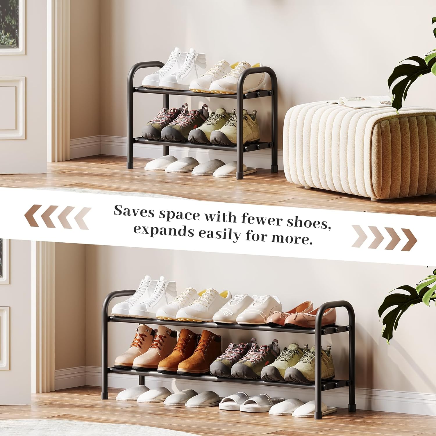 Expandable Shoe Rack, 2-Tier Metal Shoe Storage Shelf, Adjustable Shoes Organizer for Closet, Entryway and Small Space, Black