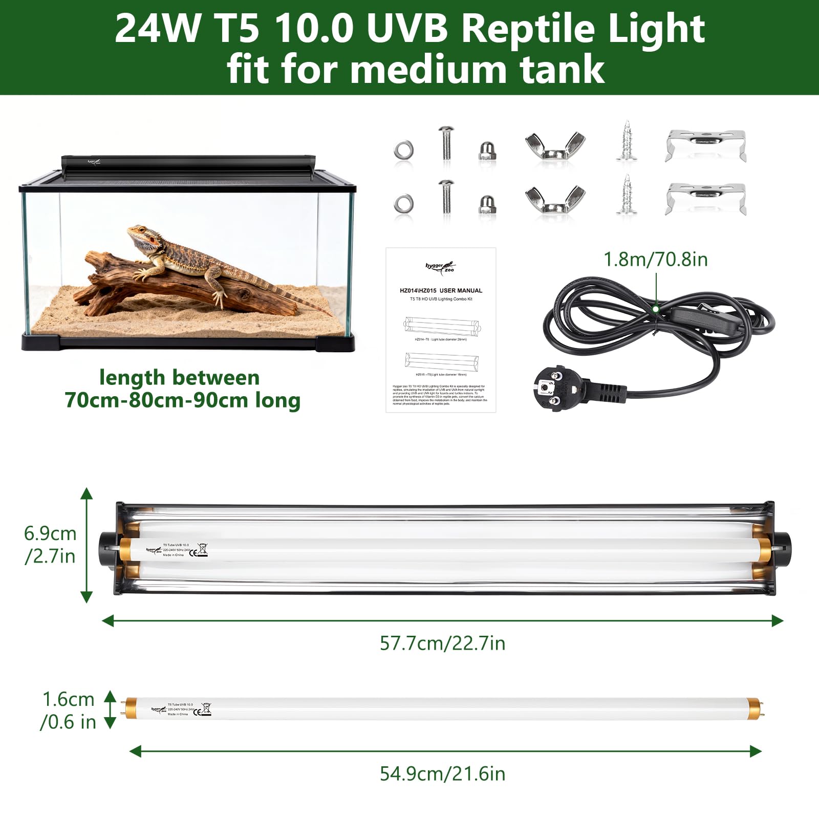 24W UVB lamp terrarium lumière T5 Lampe UVB 10.0 22" Kit combo d'éclairage | HO 10% UVB & 30% UVA UVB Light avec barre de lumière de désert reptile lampe UVB pour tortue dragon barbue léopard gecko tank