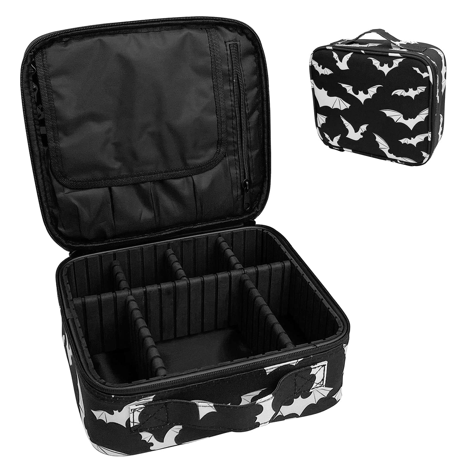 9CH Goth Makeup Organizer Bag, Halloween Makeup Bags Large Cosmetic Bag with Adjustable Dividers Portable Bat Cosmetic Case for Make up Brushes Toiletry Jewelry（Black Bats）: Goth Bats-1