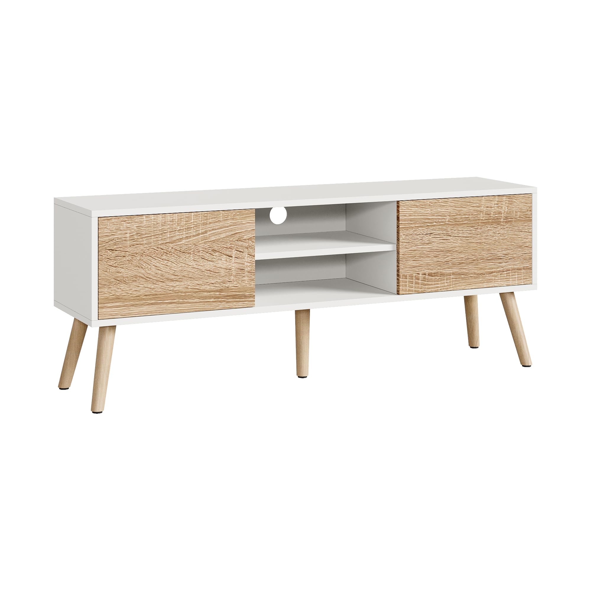 Meuble TV Design Support Télé Banc avec 2 Portes et 2 Étagères Panneau de Particules Mélaminé Pieds en Bois avec Revêtement PVC 120 x 30 x 47 cm Blanc Effet Chêne