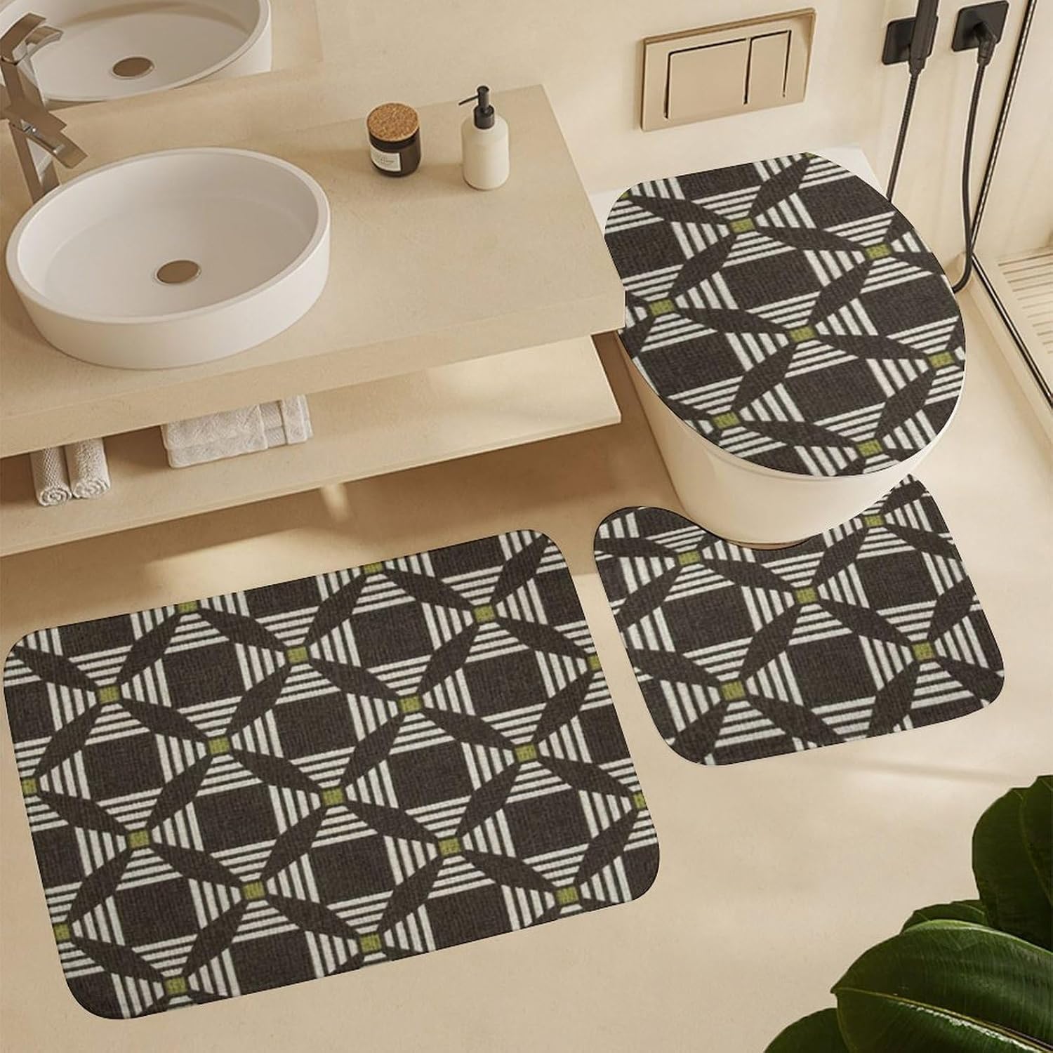 Bathroom Rugs Sets 4 Piece with Shower Curtain, Abstract Geometric Pattern Printed on Bathroom Rug and Shower Curtain Sets, Designed for Farmhouse Boho Contemporary Bathrooms, 72 x 72 inches