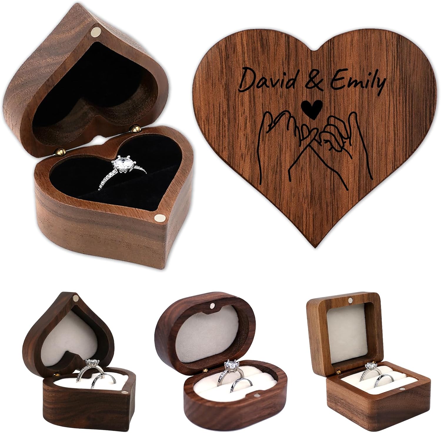 Custom Engraved Ring Box, Personalized Wooden Ring Box with Name/Date/Design for Proposal Wedding Engagement (Heart)
