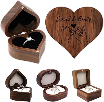Custom Engraved Ring Box, Personalized Wooden Ring Box with Name/Date/Design for Proposal Wedding Engagement Heart