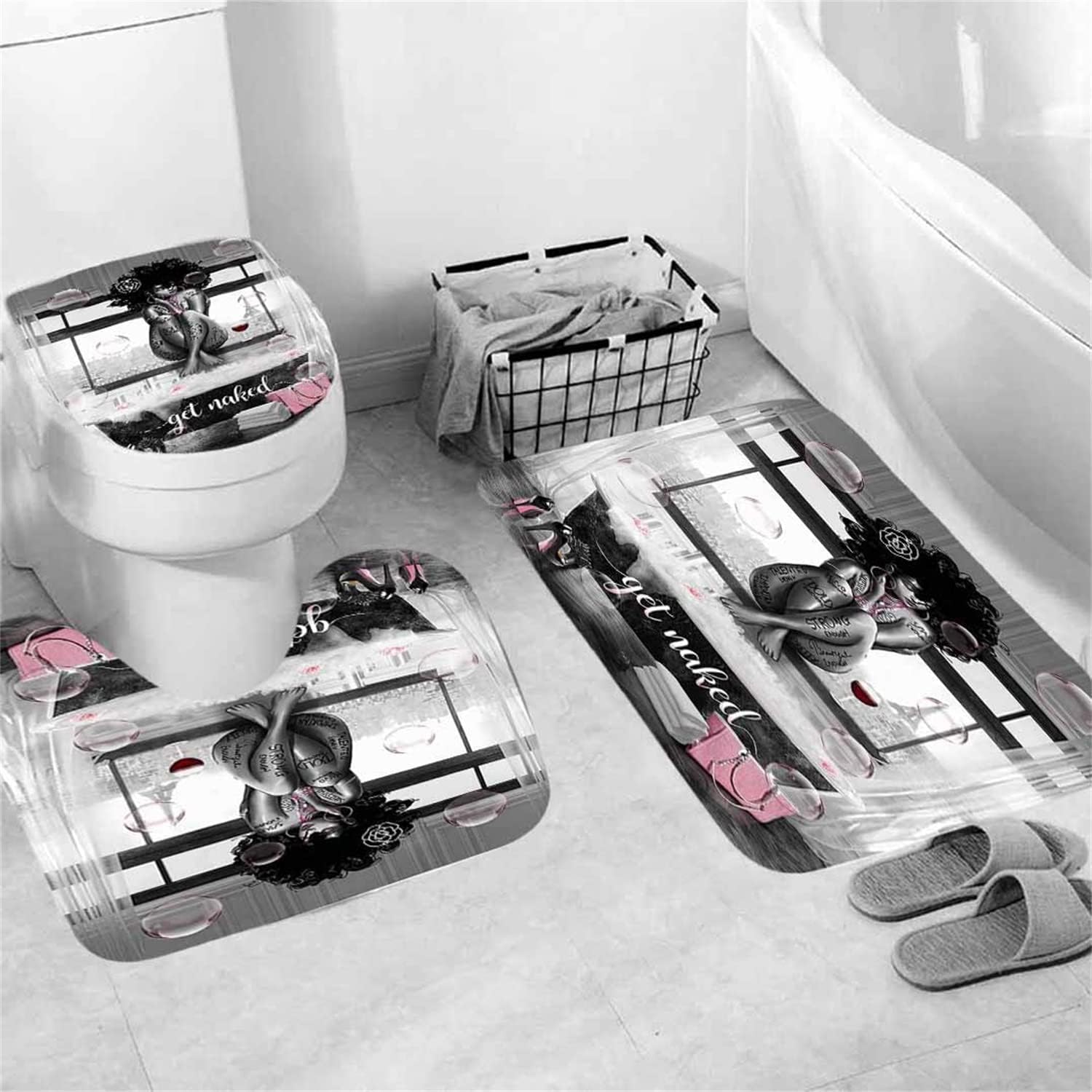 4 PCS Modern Black Girl Shower Curtain Sets with Rugs,African American with Bubble Bathtub Bathroom Sets with Shower Curtains and Hooks,Get Naked Fabric Black Girl Bath Curtains for Bathroom