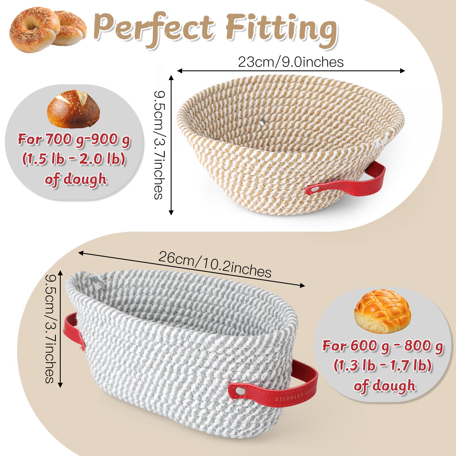 Banneton Bread Proofing Basket with Round & Oval Linen, 2Pcs Sourdough Proofing Banneton Basket for Bakers Bread Baking Handmade Cotton Rope Fermentation Bowls