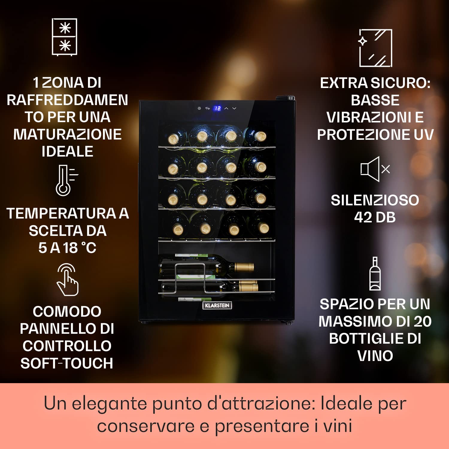 KLARSTEIN Cantinetta Vino Design, Cantinetta Vino Refrigerata a Zona Singola per Vino Rosso, Bianco e Birra, Controlli Touch, Frigo Vino Cantinetta per Esterno/Interno, 5-18°C, 53L, 20 Bottiglie