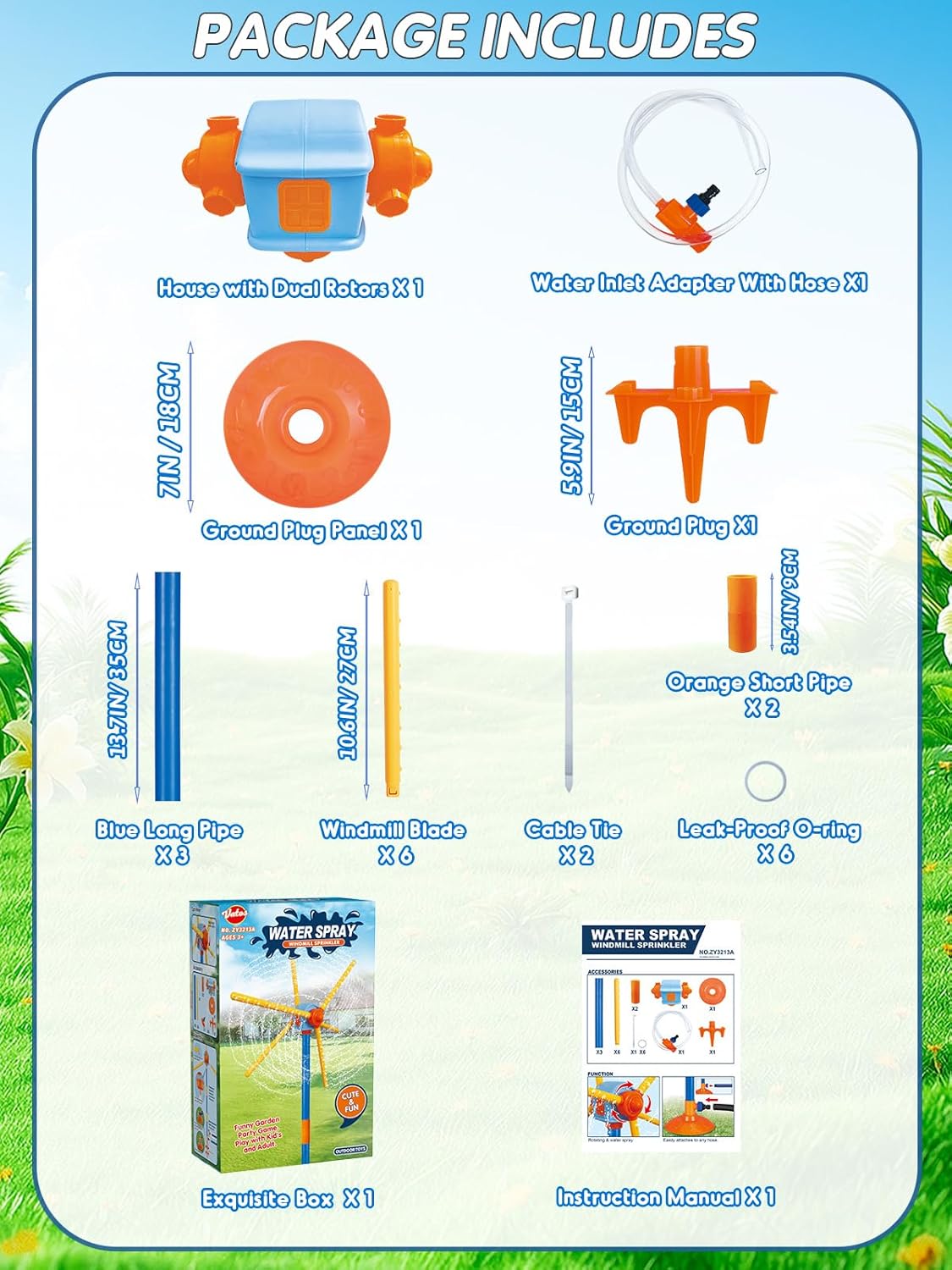 VATOS 59" Windmill Water Sprinkler Outdoor Yard Toy for Kids, New Upgrades Double-Sided with 6 Blades, 54 Spray Nozzles, 360° Spining Splash Summer Fun Play for Boys, Girls, Pets and Lawn Watering