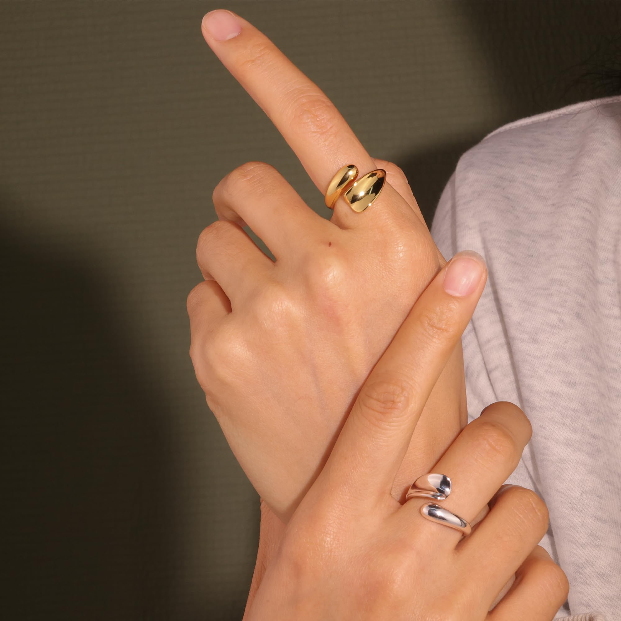 ALEXCRAFT Anelli Donna Argento Oro 14K Placcato a Forma Goccia Acciaio Inossidabile Chunky Mignolo Donna Anello Regolabile Donna