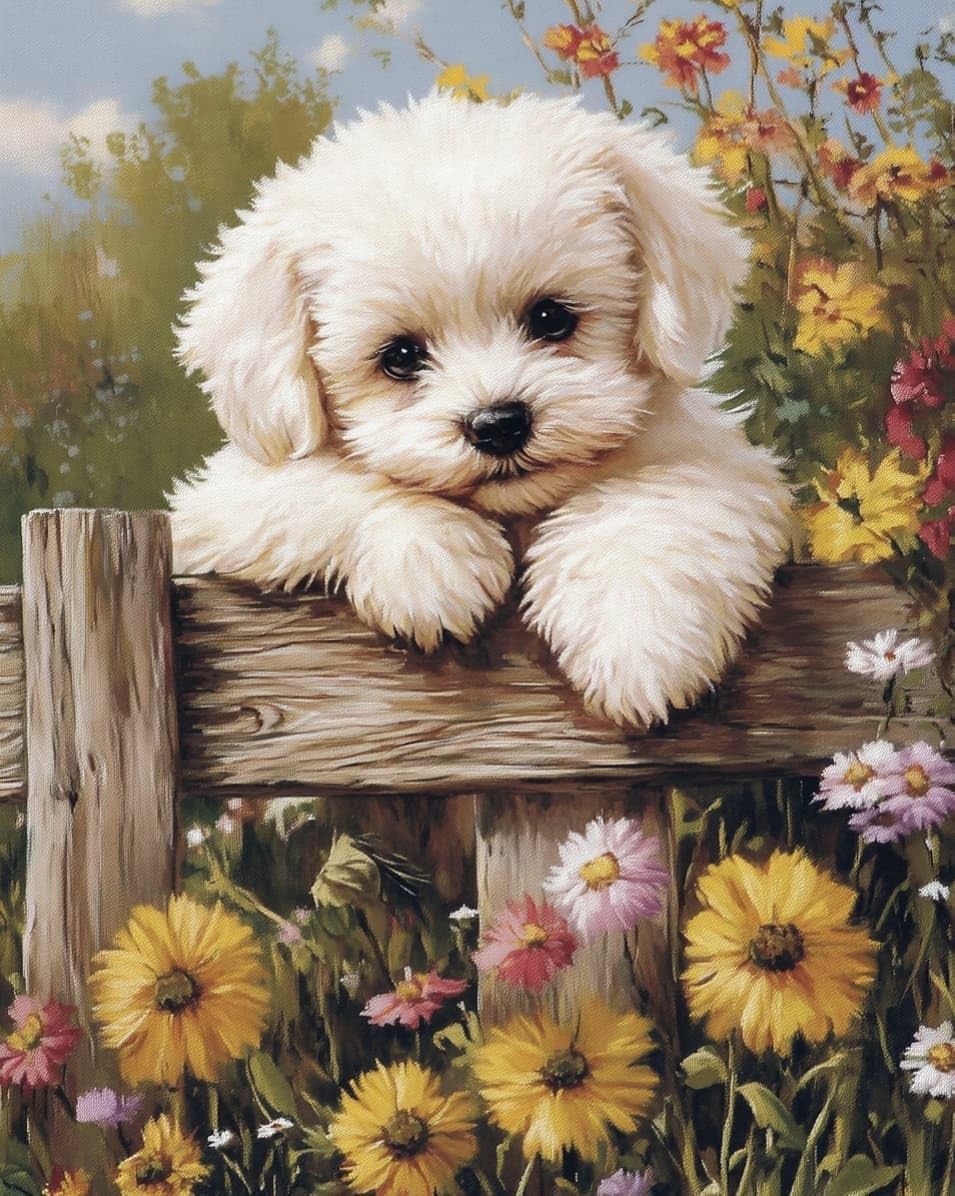 WallustrioaW Cross Stitch,Bichon Frise Lying on the Fence,Embroidery Printed Patterns Christmas Ornament Wall Hanging for Adults Beginners Home Decor,40x50cm