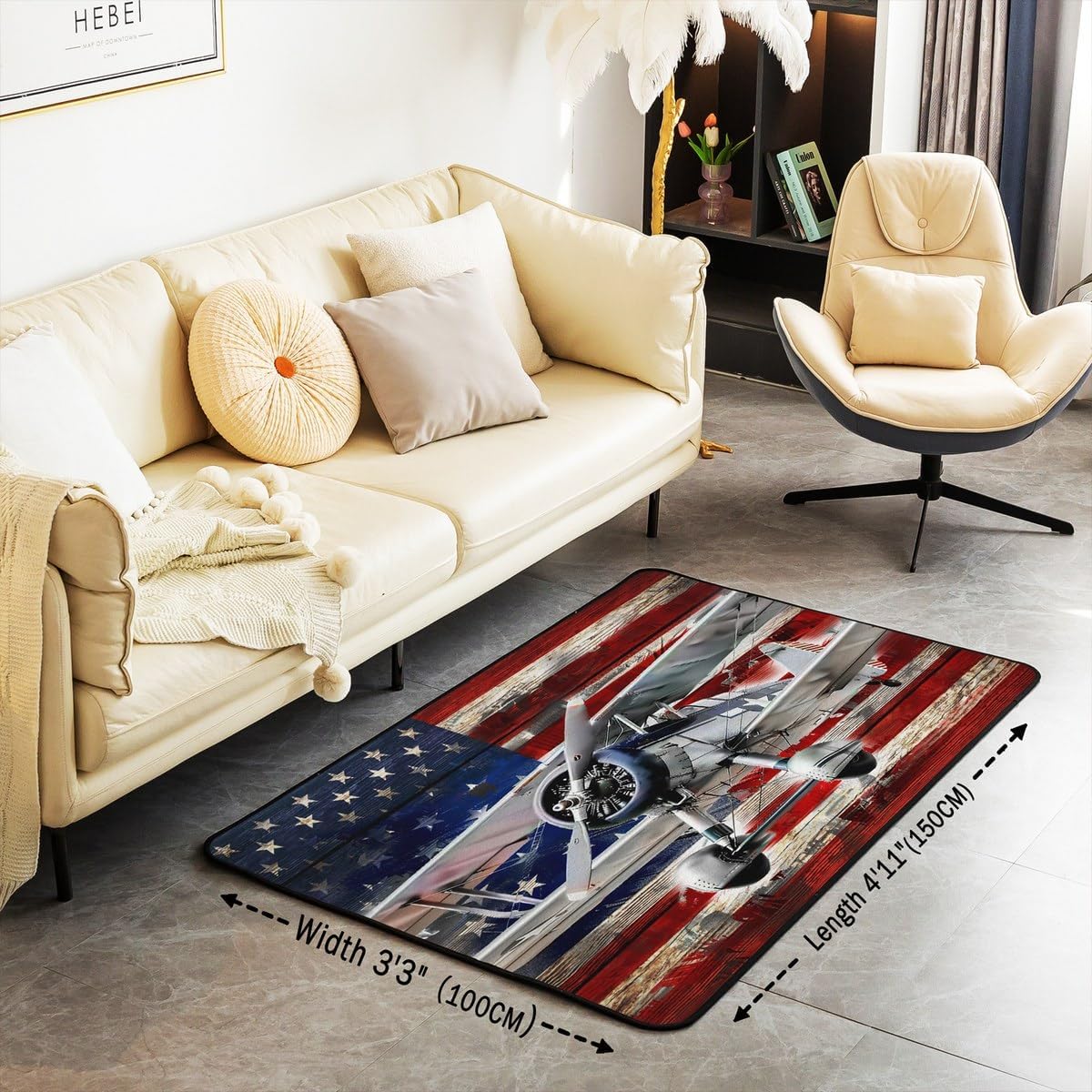 jejeloiu Aircraft Living Room Rugs Airplane Print Area Rug for Kids Boys Girls Teens American Flag Decorative Carpet Set 5x7 Flight Red Grey Indoor Floor Mat