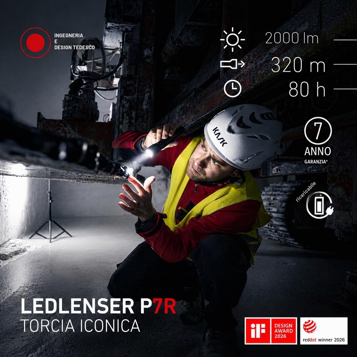 Ledlenser P7R Torcia LED ricaricabile, 2000 lm, 320 m, USB-C, IP68, 80 h, 4 modalità – Tattica per escursioni, emergenza