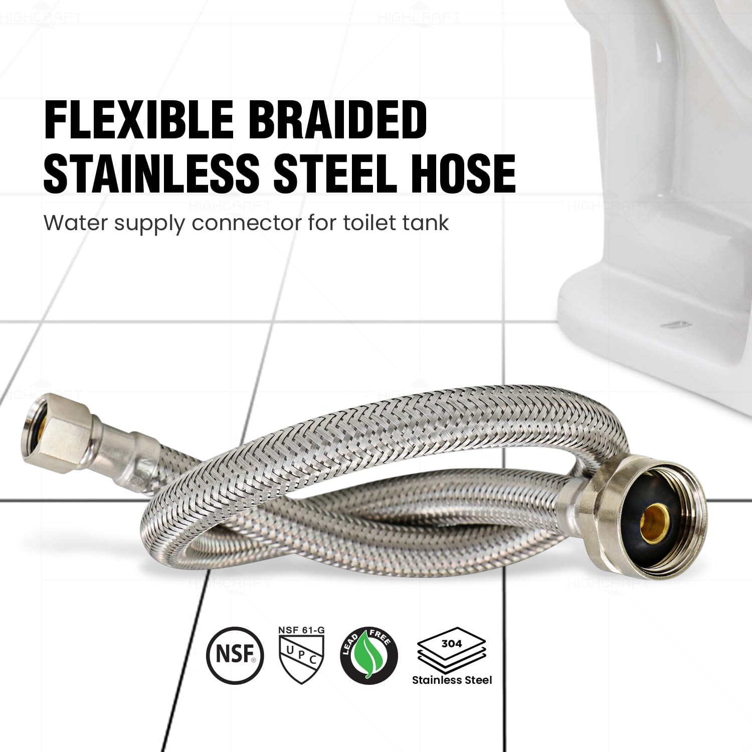 HIGHCRAFT 2-Pack 20 Inch Flexible Toilet Water Supply Line Braided Stainless Steel Toilet Hose Connector 3/8 Inch Compression x 7/8 Inch Ballcock Brass Nut