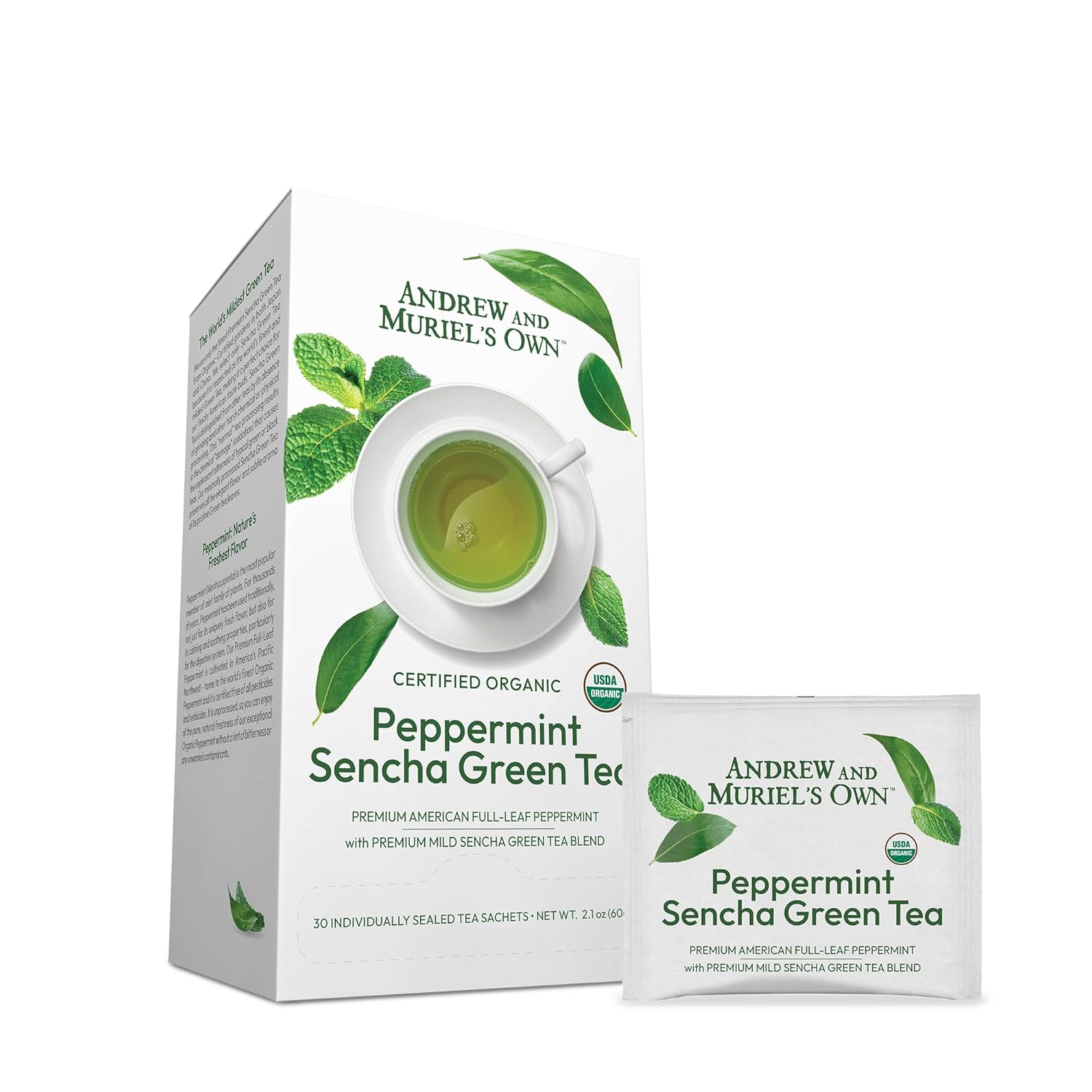 ANDREW LESSMAN Tea - Peppermint Green Tea 90 Sachets - Blend of Certified Organic Sencha Green Tea, Premium Peppermint. Powerful Anti-oxidant EGCG. Mild, Soothing, Refreshing. No Bitter Aftertaste