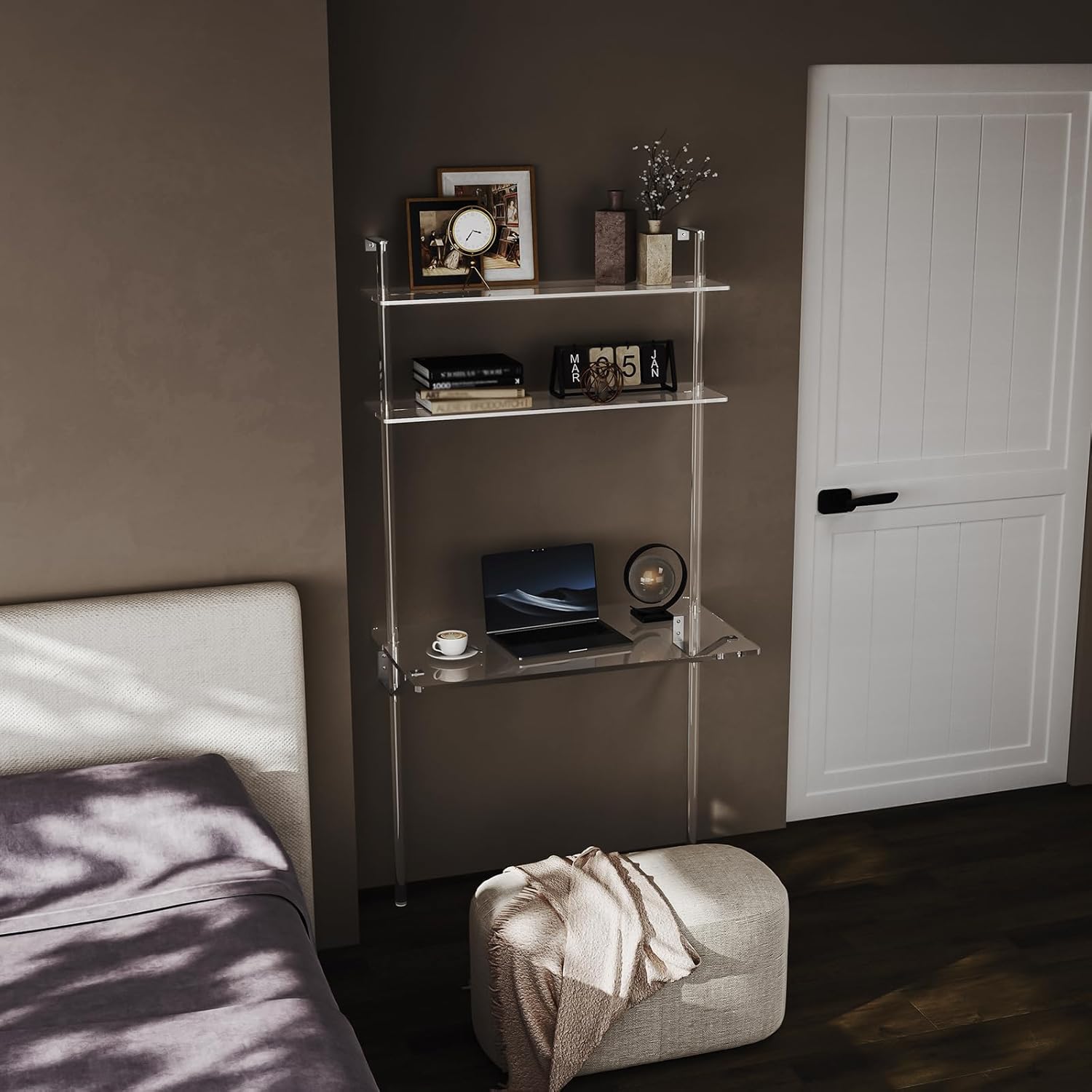 HMYHUM Acrylic Wall Mount Desk, Clear Ladder Desk with Open Shelves, Floating Desk for Laptop, Computer, Study, Writing, Vanity Table, Modern, 36" L x 19.7" W x 69.99" H