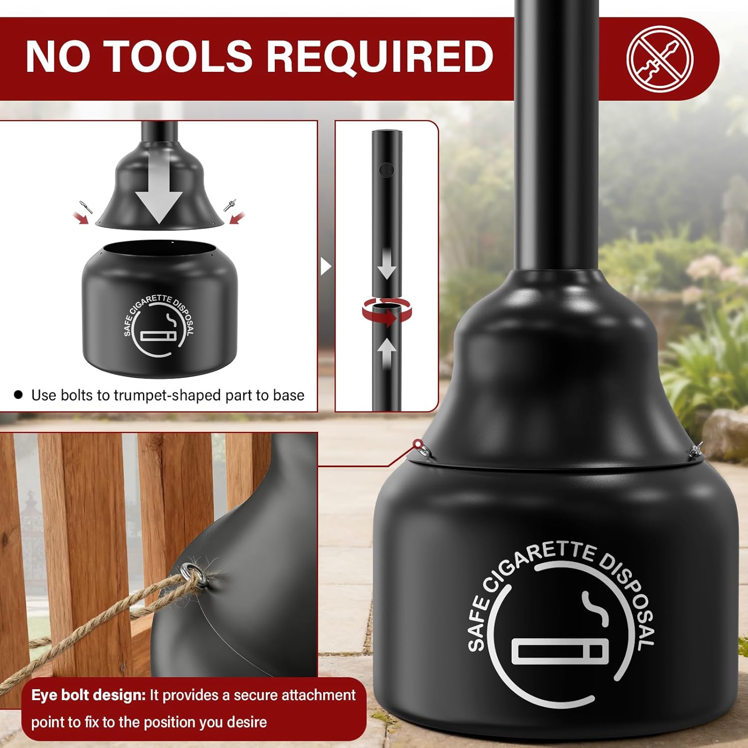 Cigarette Butt Receptacle Disposal Outdoor, 11.5" Diameter x 40" H, 5 Gallon Capacity, Black