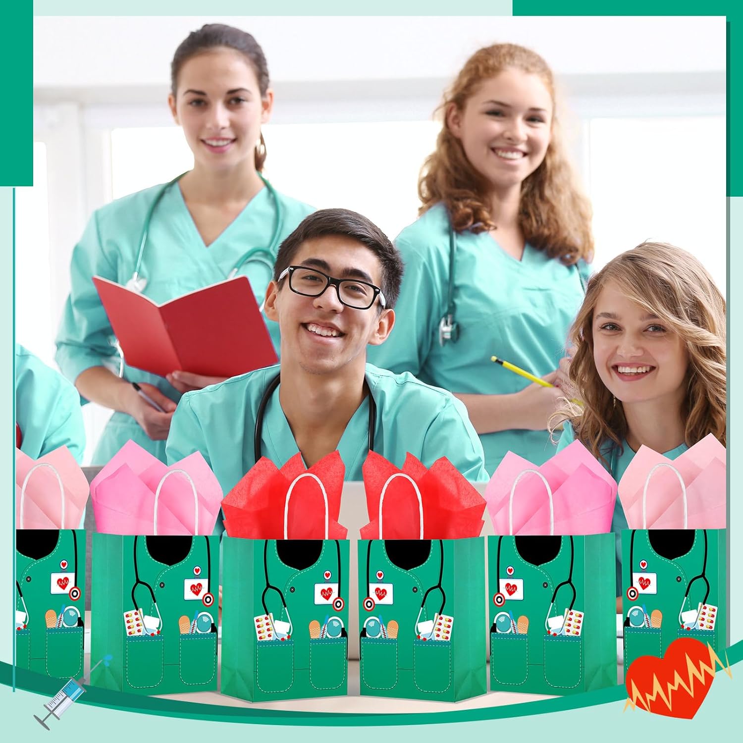 Nezyo 30 Pcs Nurse Gift Bags with 30 Wrapping Tissue Papers Nurses Appreciation Week Gifts Bags Stylish Nurse Appreciation Gifts for Thank Party Memorable Nursing Assistant Graduates Medical (Green)