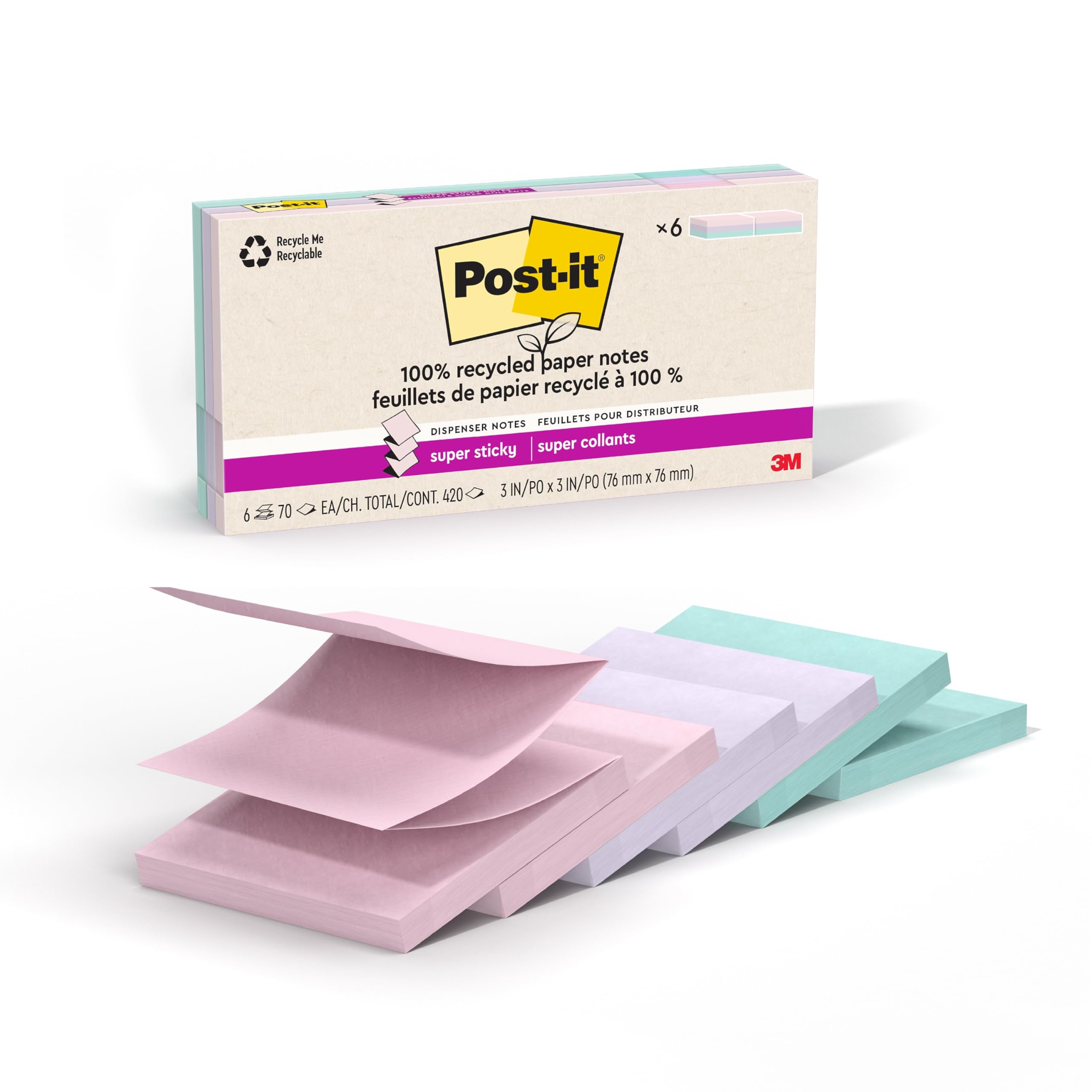 Post-it Super Haftnotizen, 100 % recyceltes Papier, 7,6 cm x 7,6 cm, 70 Blatt pro Block, Wanderlust-Pastelle, Schulbedarf und Büroartikel (3 Stück)