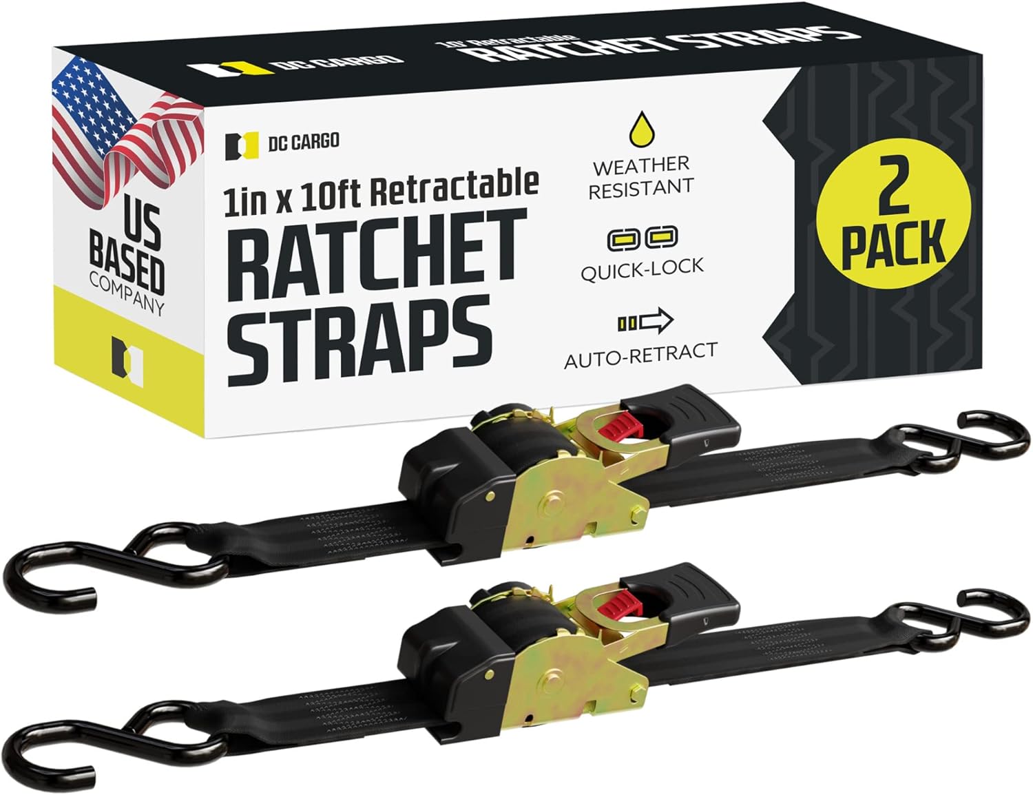 DC Cargo Auto Retract Ratchet Straps 2 Pack 1" x 10' Retractable