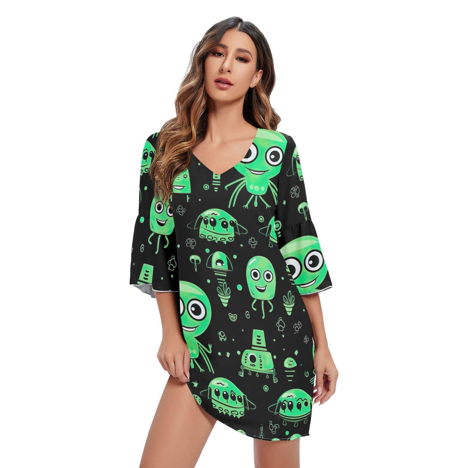 Robe d'été légère col en V vert vêtement décontracté manches 3/4 - 7