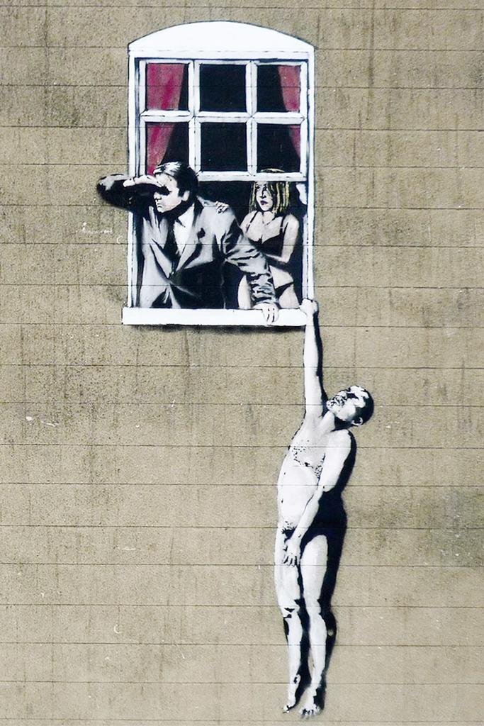 Amazon.com: Banksy Naked Man Hanging From Window Banksy Print