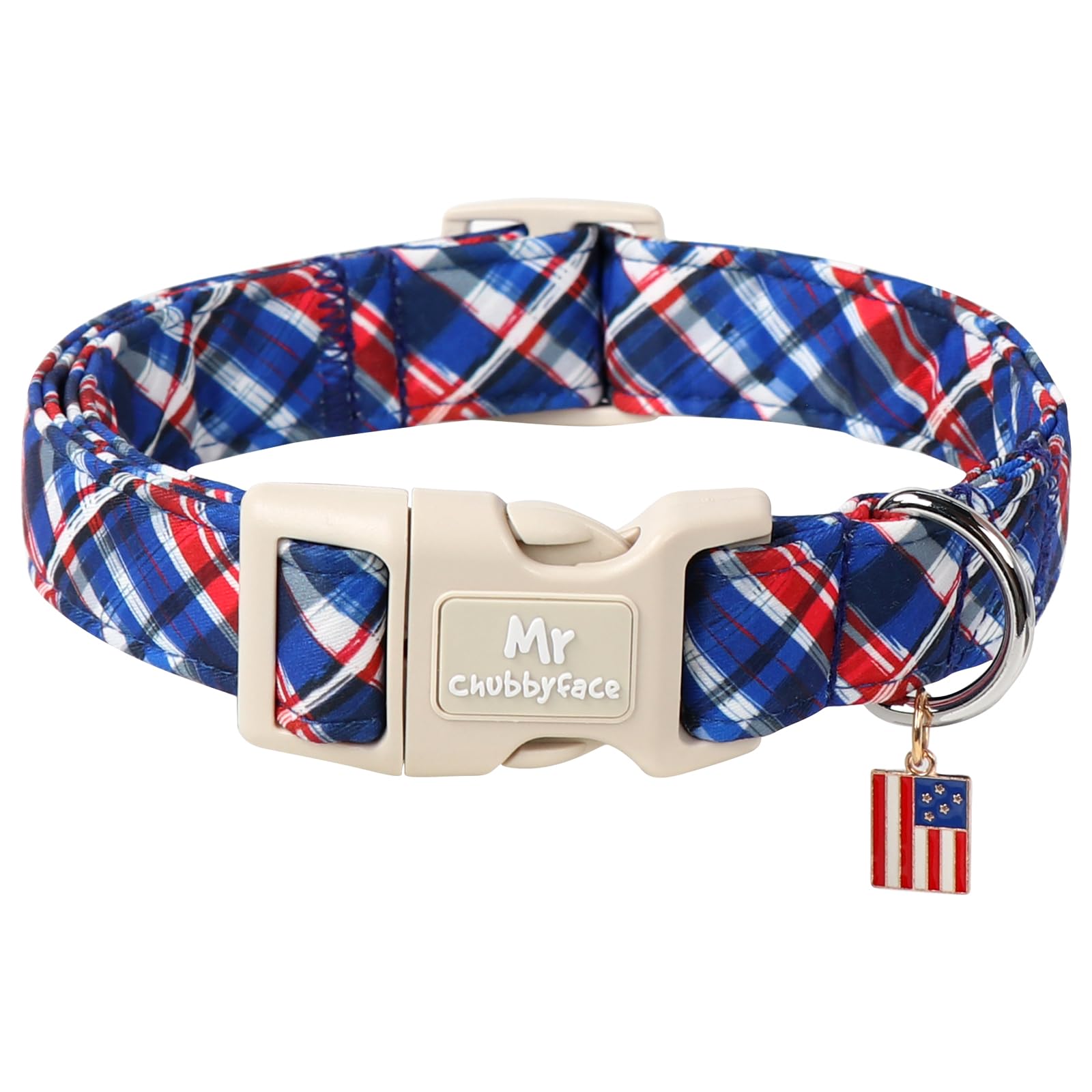 MR.CHUBBYFACE Plaid Cotton Dog Collar, Soft Checkered Patriotic Puppy Pet Collar with Plastic Buckle, Adjustable 4th of July Pet Collar for Small