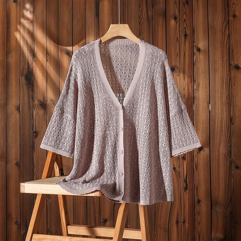 Cardigan Mujer,Cárdigan De Verano De Punto Fino para Mujer, Manga 3/4, Cuello En V Blanco Extragrande, Botones Transparentes, Chaqueta Ligera De Punto Cable, Tops Casuales De Corte Holgad