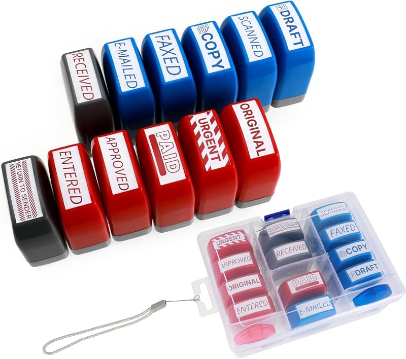 Self Inking Stamp Set 12 Pack - Red & Blue Ink for Office, Business Documents | Pre-Inked Rubber Stamps (Copy, Paid, Draft) | Professional Business Stamps for Paperwork & Emails & Records & Emails