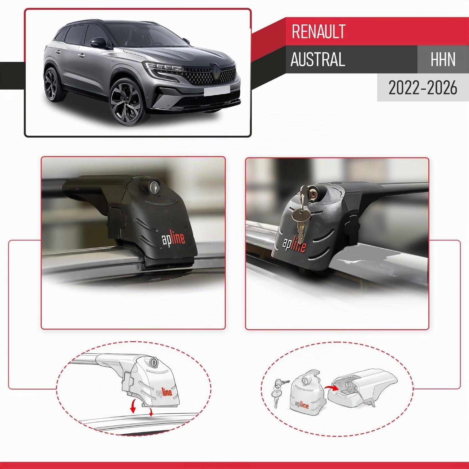 Compatible con Renault Austral (HHN) 2022-2026 Modelo Ace-2 Barra de Techo Auto Portaequipajes Barras Transversales Negro Aluminio 2 Barras