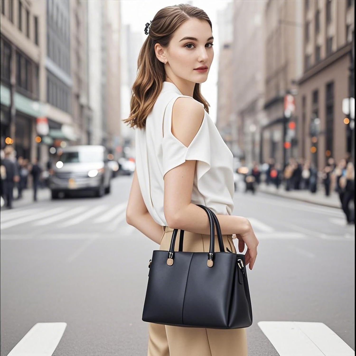 Women's Top-Handle Handbags PU Leather Satchel Handbag with Detachable Shoulder Strap for Casual, Work, Traveling