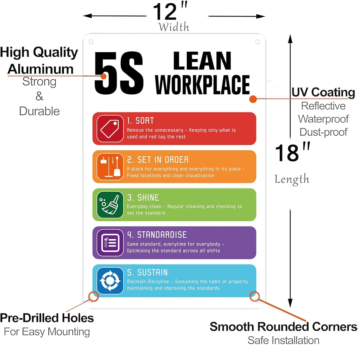 5S Lean Workplace Aluminum Sign Bar Signs For Farmhouse, Home, Office, Classroom, Restaurant (White, 18x12 Inch)