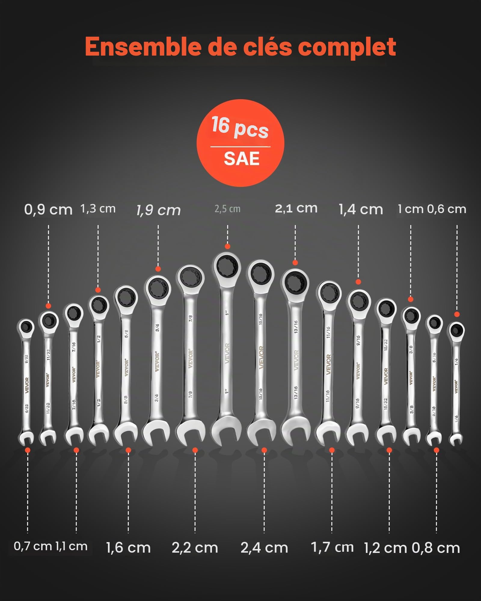 VEVOR Jeu de Clés Mixtes 16PCs, Clé Plate à Cliquet SAE, pour Réparation Domestique et Automobile, Extrémité Fourche, 72 Dents, en Acier Cr-V, avec Trousse Enroulable, Marquage bien Lisible, Argent
