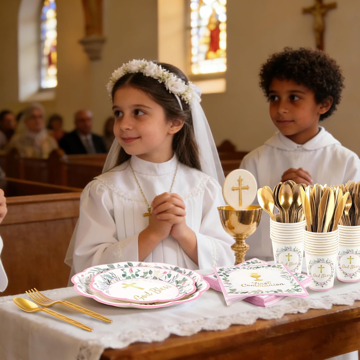 Kochorie 175 Pieces First Communion Decorations Disposable Pink First Communion Paper Plates and Napkins for Holy God Bless Party Supplies Baptism Christening Decoration, Serves 25 Guests