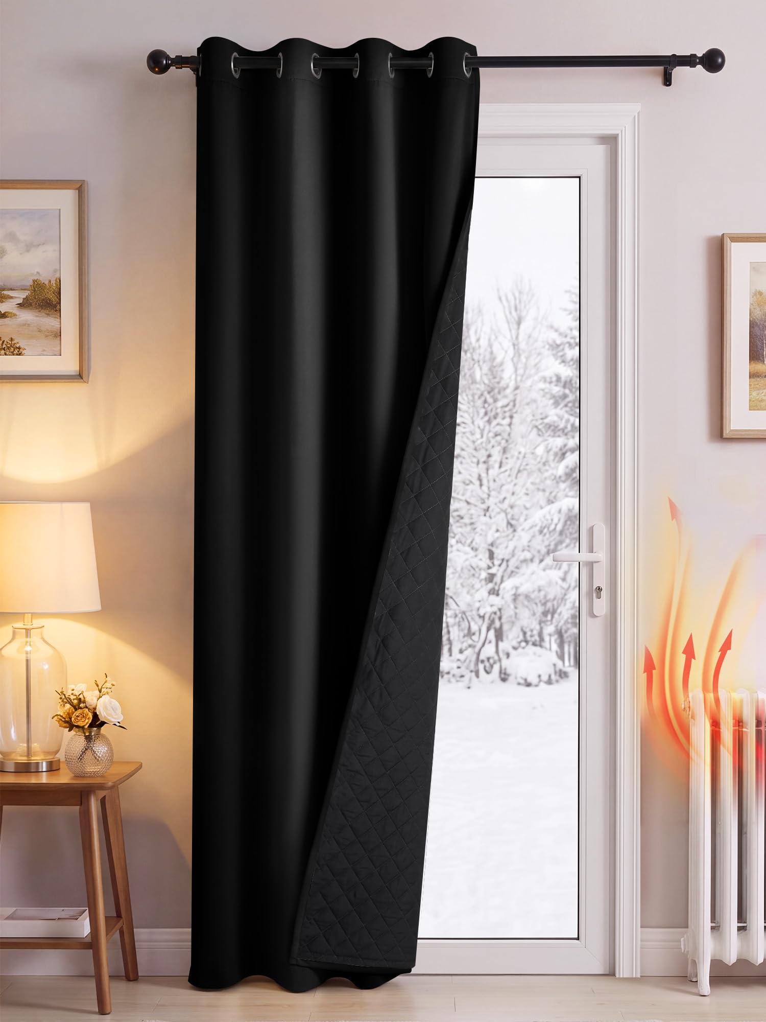 PONY DANCE Thermal Door Curtain with Quilted Black Lining, Black, 55x90