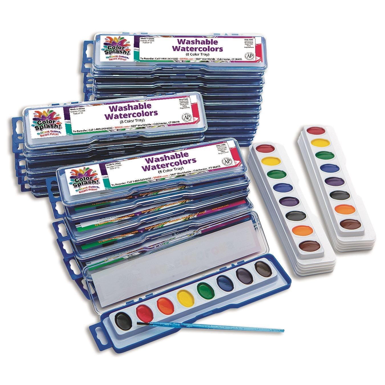 S&S Worldwide Color Splash! Watercolor Mega Pack, 8-Color Trays, Includes 24 Paint Trays w/ Brushes plus 12 Refills. Great For All Watercolor Painting, Perfect For Groups of Kids or Adults Pack of 36