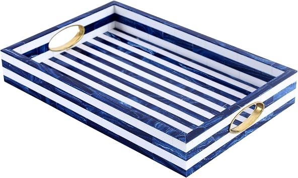 Handicrafts Home Blue White Striped Decorative Tray, Optique Madrid Collection, Rectangular Serving Tray with Handles, Modern Coffee Table Ottoman Tray, Resin Brass Inlay Handmade Hostess Tray 17x11