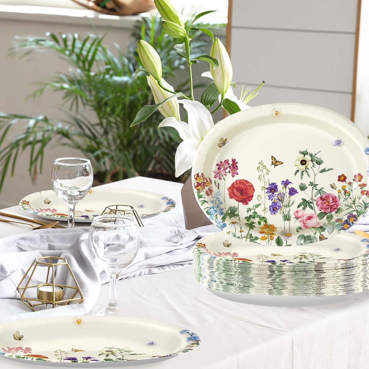 50Pcs Wild Flower Oval Paper Plates 10" x 12" Large Heavy Duty Disposable Vintage Wildflower Platters Spring Floral Dessert Plates for Wedding Bridal Baby Shower BBQ Tea Dinner Party Supplies - Image 5