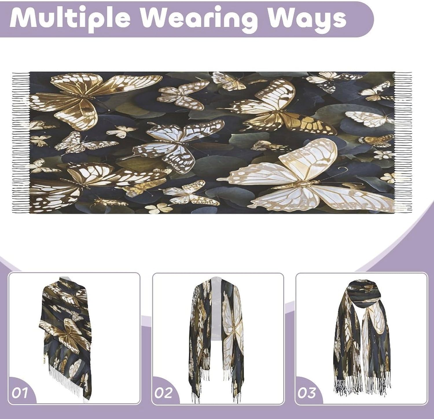 Gold White Butterflies Black Scarf for Women Men Classic Fashion Blanket Scarves Soft Cashmere Feel Scarf Cold Weather Warm Long Shawl Winter Large Scarves Classic Blanket Scarfs Thick