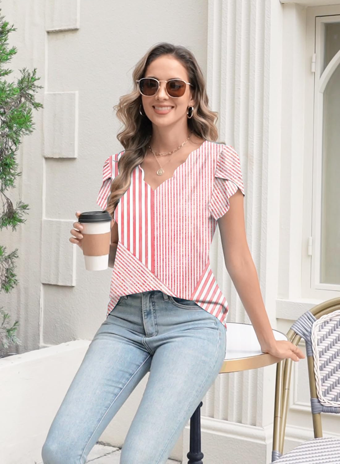 Womens Summer Tops Seashell Edge V Neck Shirts Petal Short Sleeve Top Dressy Casual Tunic Blouses - Image 3