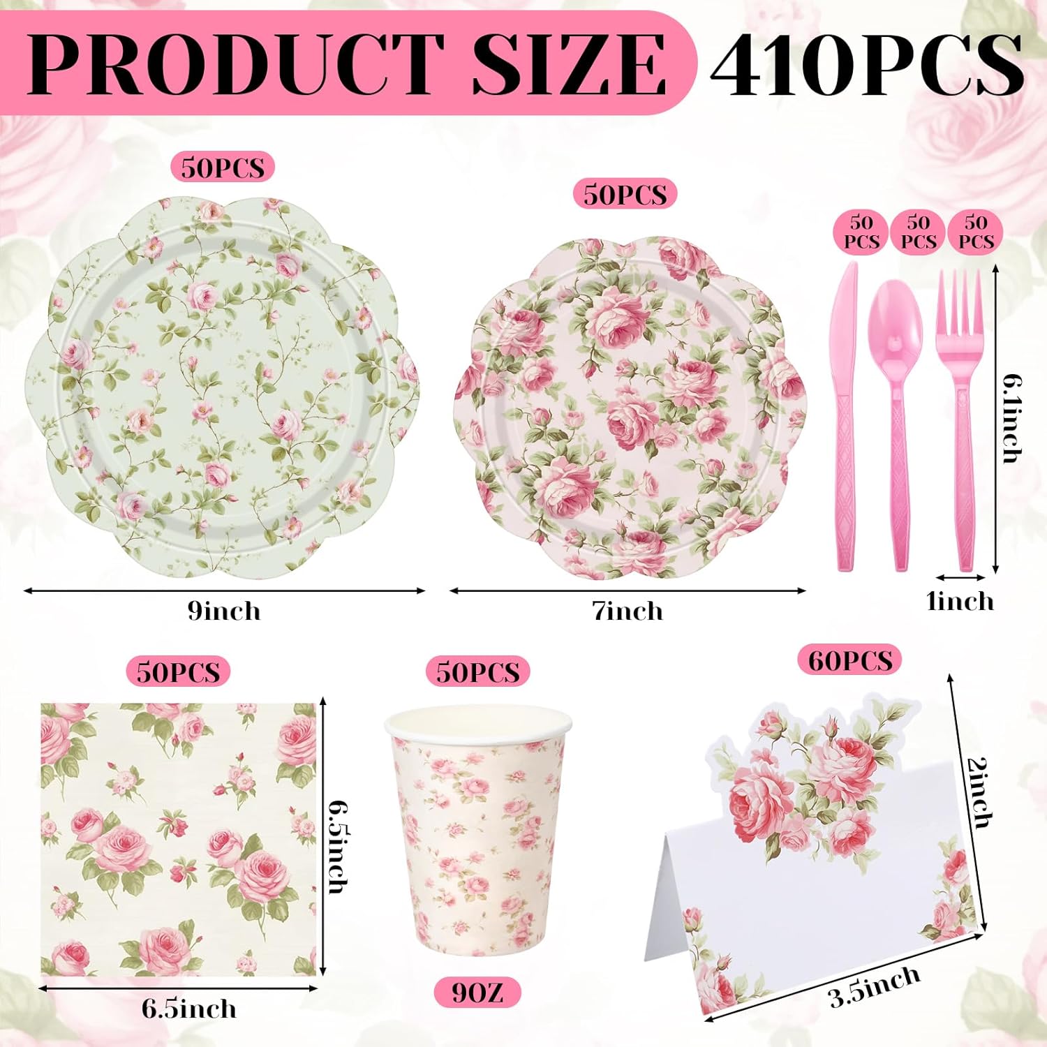 Shellwei 410 Pcs Pink Rose Tea Party Decorations Elegant Floral Paper Plates and Napkins Set Disposable Party Tableware Sets with Cups Knives Forks Spoons Seat Card Favors for 50 Guests