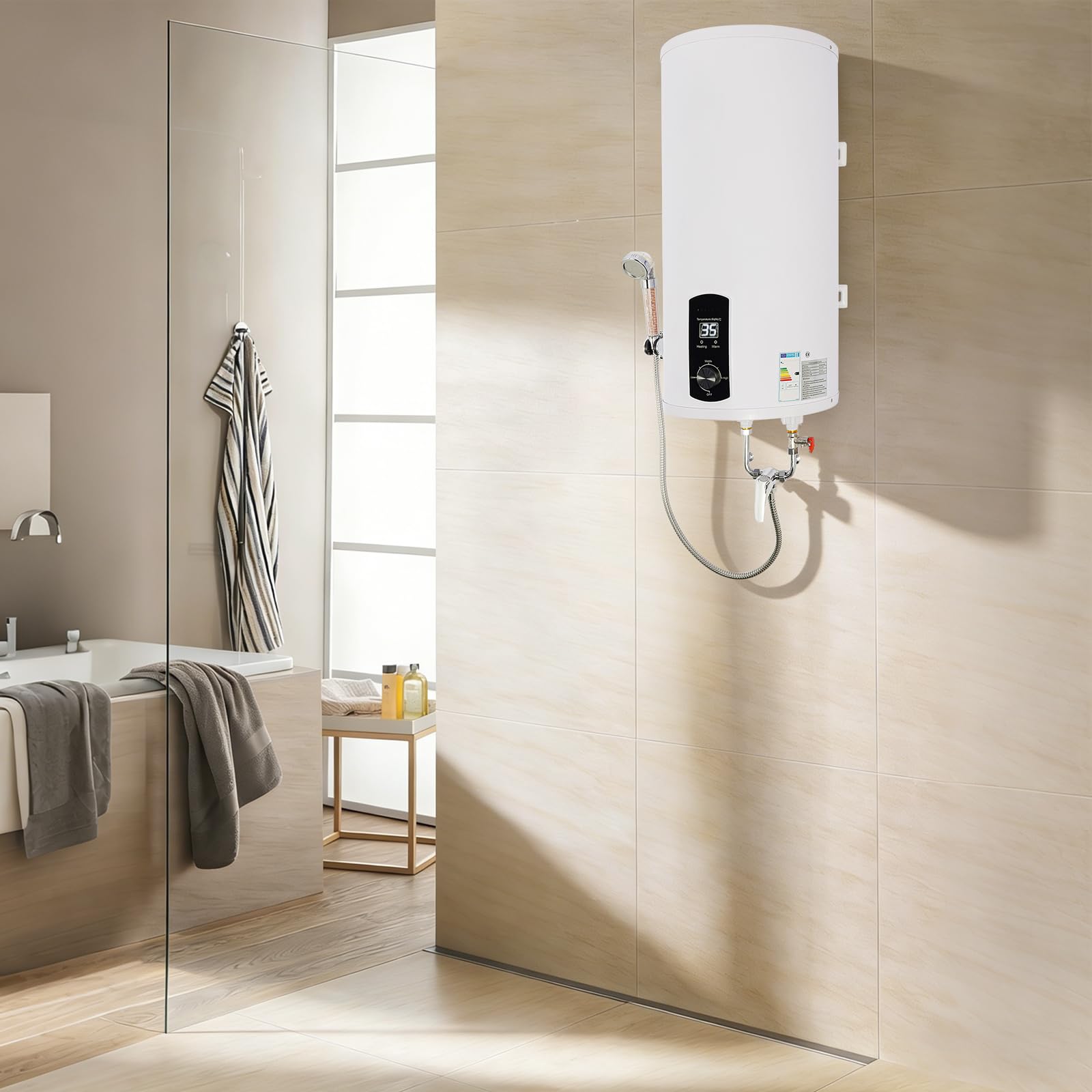 Scaldabagno elettrico, 80 l, 2000 W, serbatoio in acciaio inox, indicatore LED | Design montato a parete: capacità di 80 litri, protezione dell'acqua IPX4, spina UE