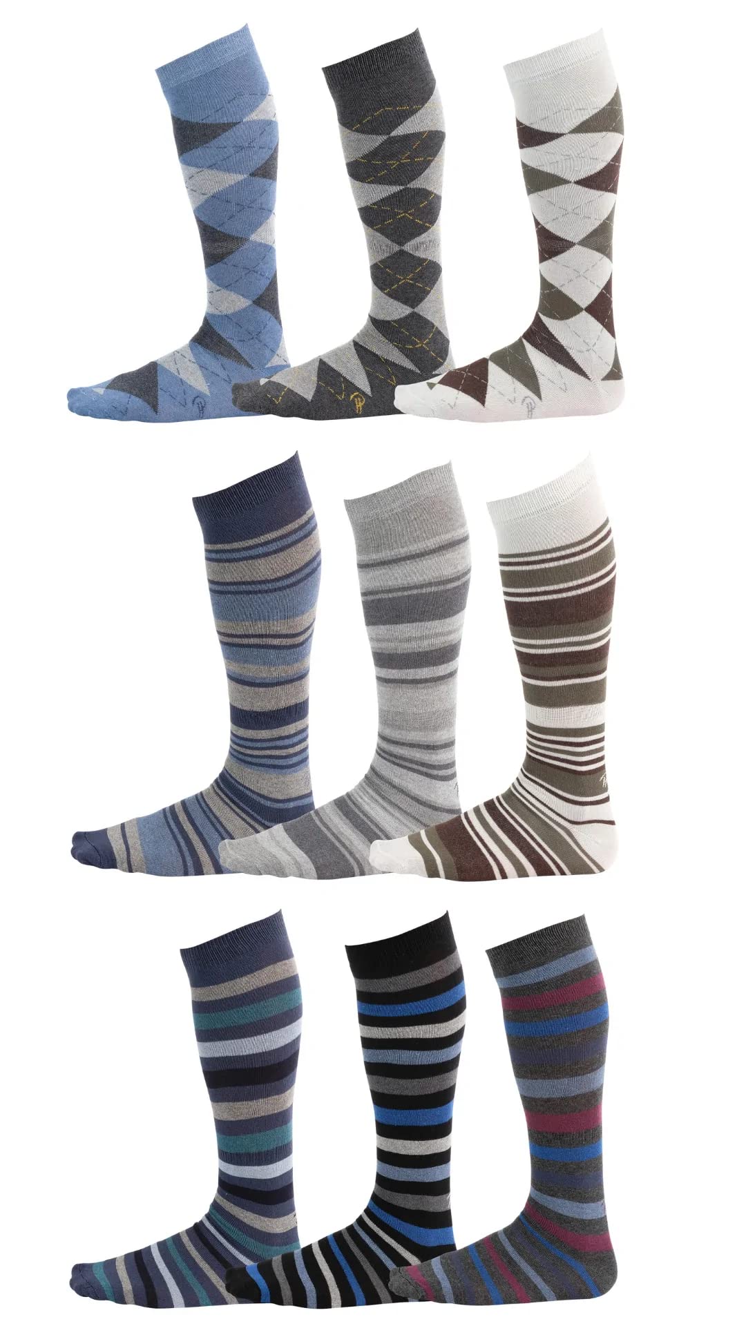 Pierre Henry Over the Calf Socks for Men (9 pairs) | Cotton Over the Calf Dress Socks | Long Socks Stays up